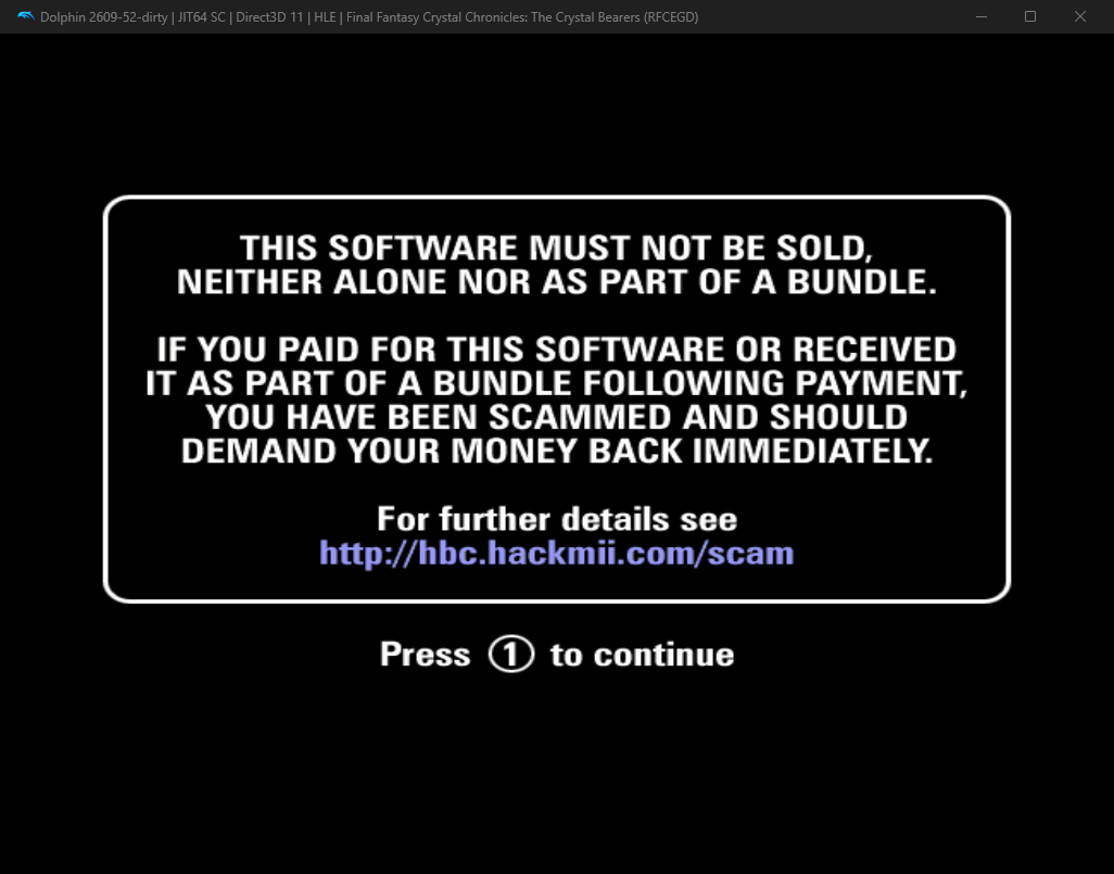 HackMii Installer v1.2 showing its anti-scam warning after being launched by the Crystal Bearers save exploit.