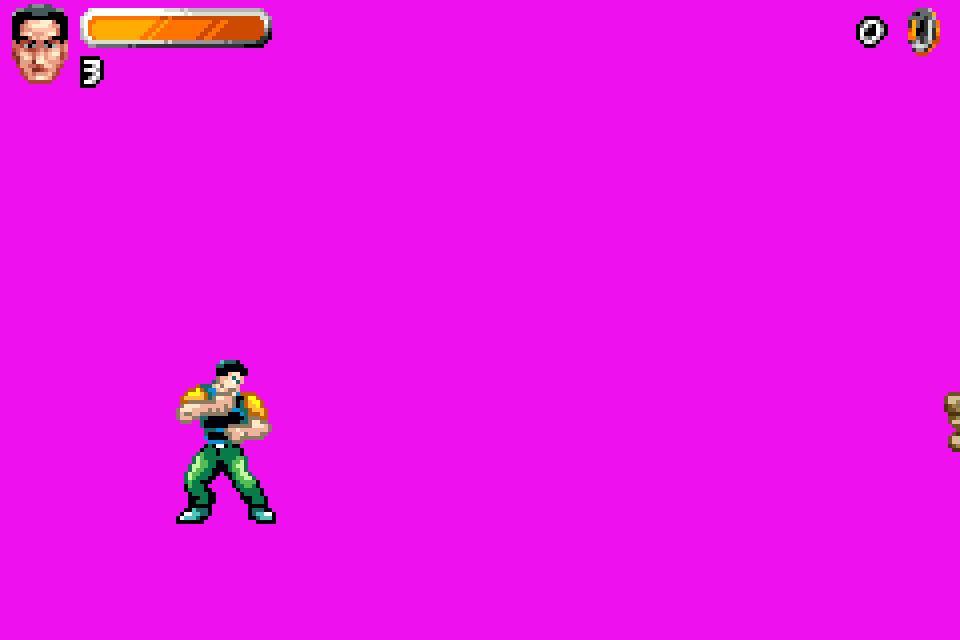Only Action Man, the health bar, the lives counter and a pickup are left on a solid magenta backdrop.