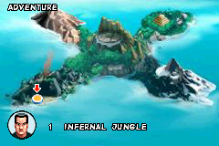 Action Man's island map: a mode 3 bitmap of the island with sprites for the text, the portrait and the level marker.