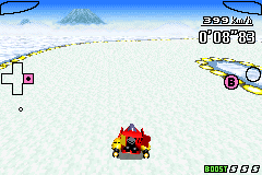 A hovercraft racing along a track that curves left and right, seen from behind, with the track stretching to the horizon.