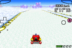 F-Zero: Maximum Velocity: a hovercraft racing along a track that curves to the left.