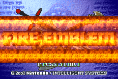The same title screen with a wide band of rippling flames across the logo and the weapons behind it.