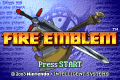 The Fire Emblem title screen, with rippling flames inside the letters of the logo.