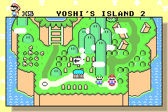 The Yoshi's Island map breaking up into ever larger square blocks and getting darker, while Mario and his name tag stay sharp.