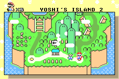 The Super Mario World map of Yoshi's Island, with Mario standing next to a level.