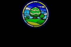 Stained-glass pictures of the Picori legend, with lines of narration fading in below or beside them.