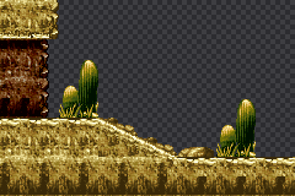 Only the ground, cacti and cliff remain, with a checkerboard where the layer is transparent.