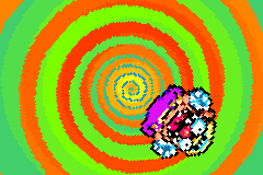 Wario Land 4's vortex: a spiral background, rotated and magnified, with Wario spinning in front of it.