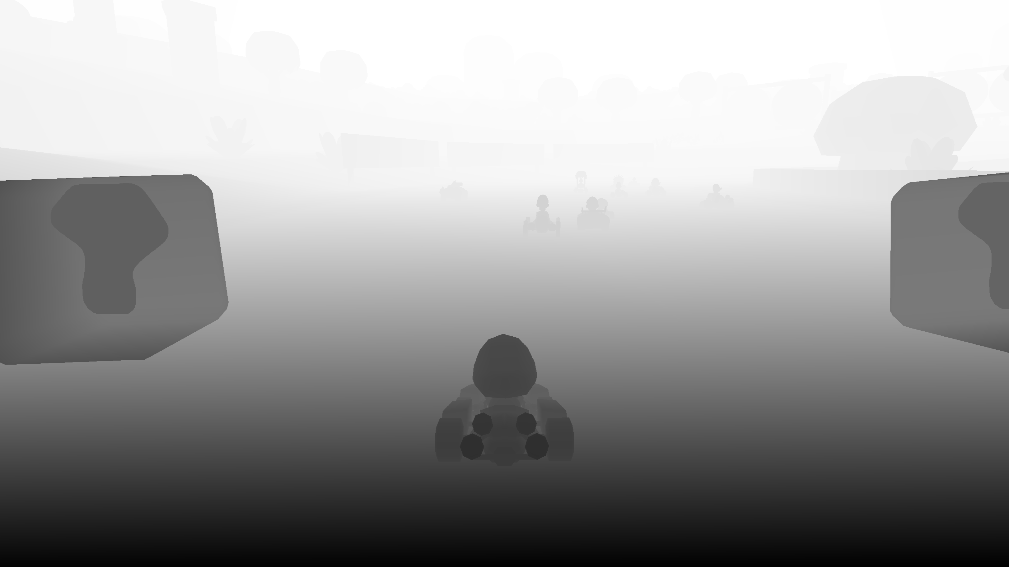 The same scene's depth buffer: Mario, the nearby item boxes and the road are dark, while distant racers and scenery are lighter.