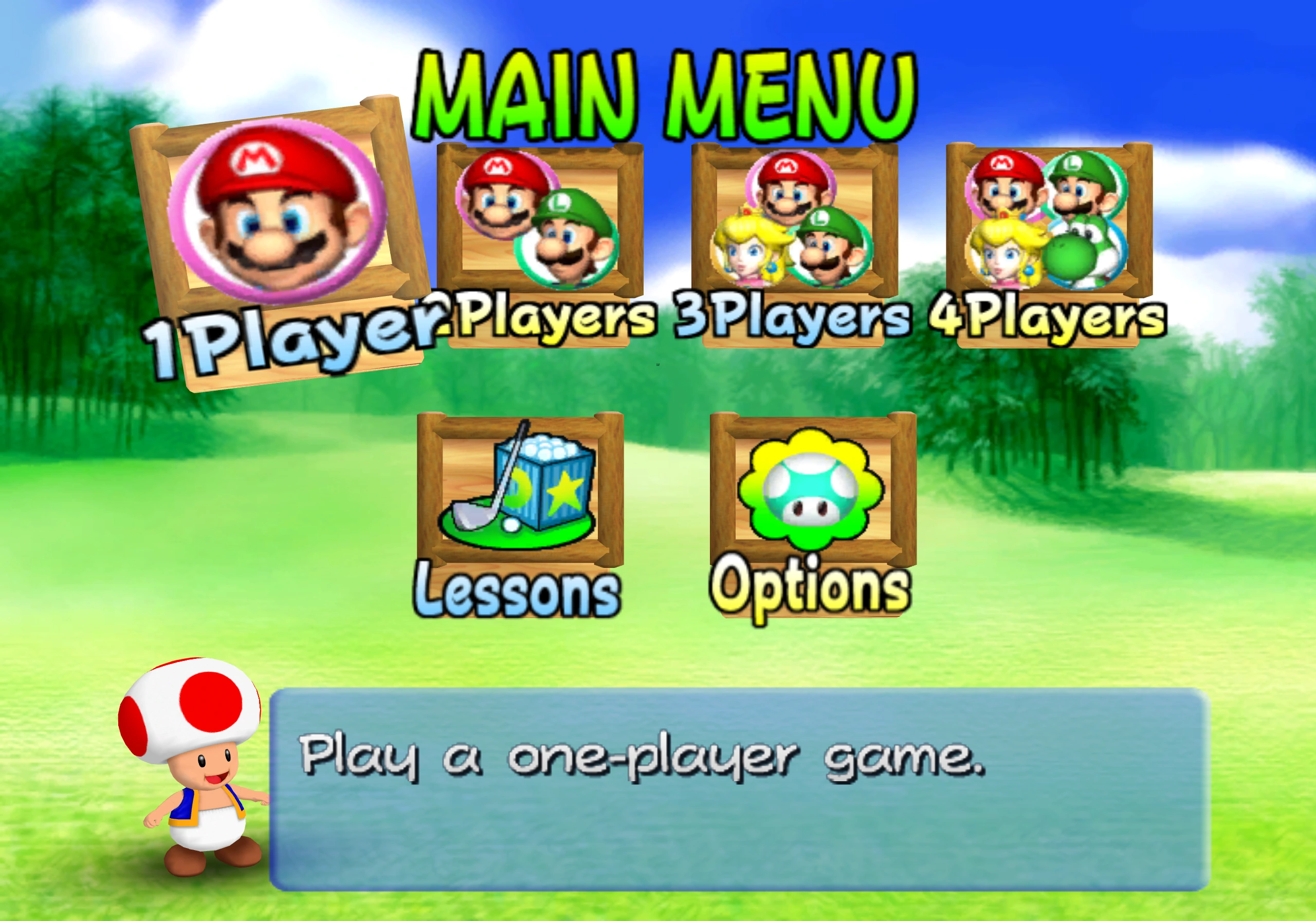 The same Mario Golf scene after the fix: all four signs are complete.