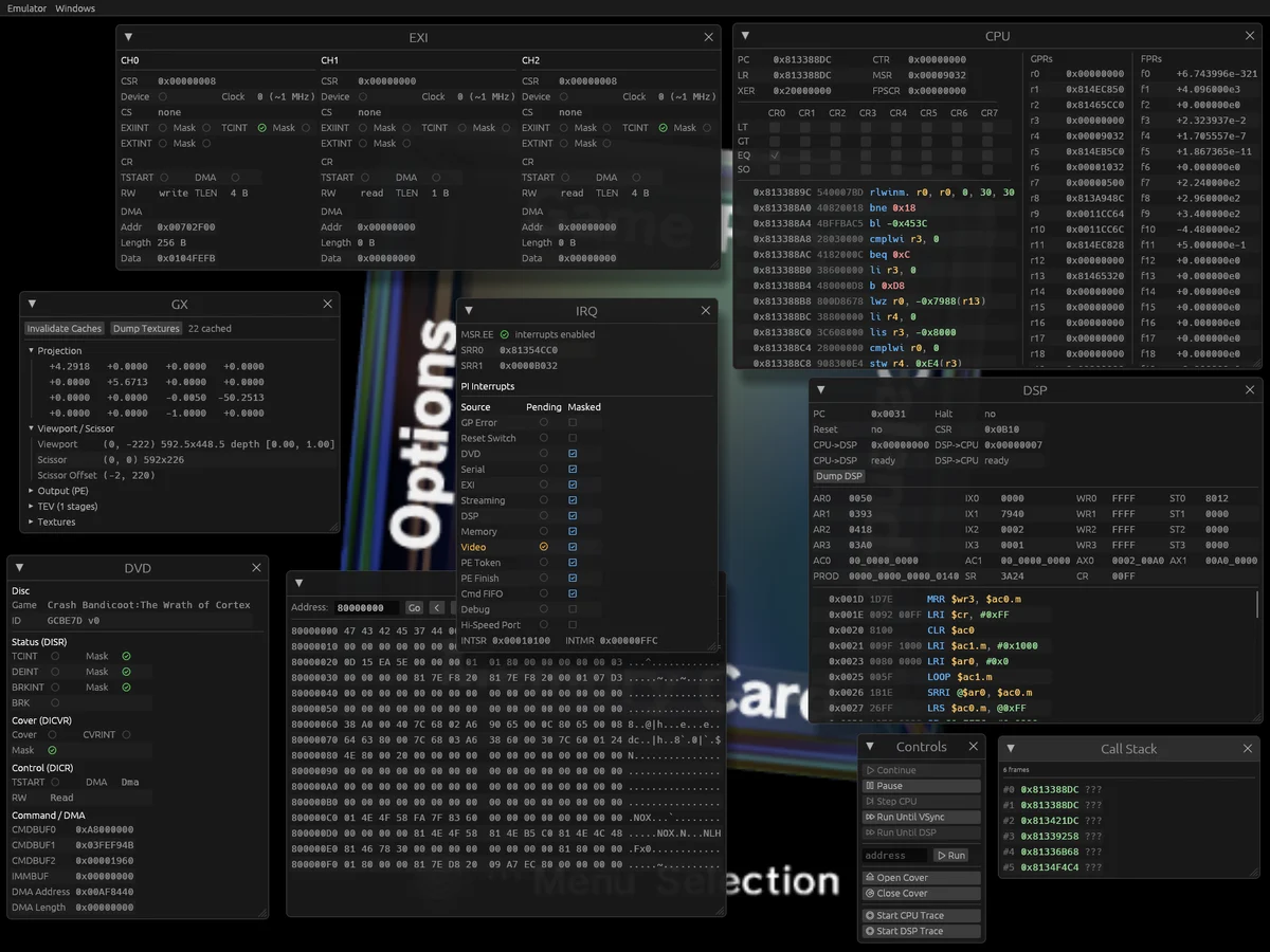 Gecko debugger showing CPU, DSP, memory, and hardware registers