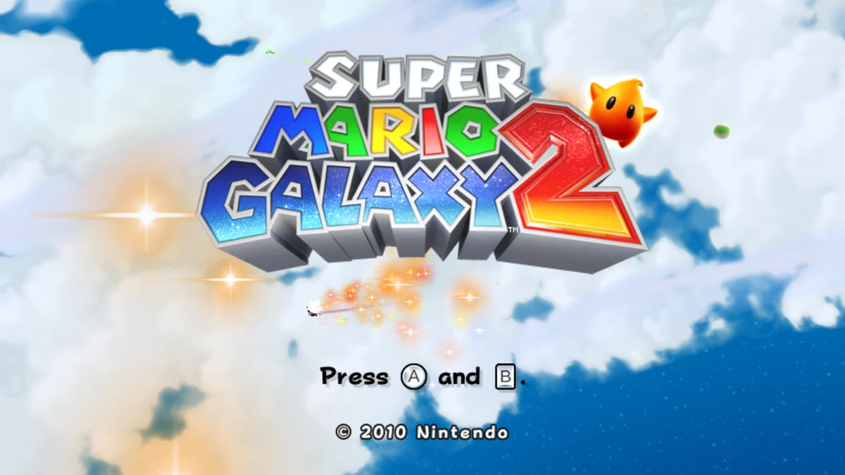 Super Mario Galaxy 2 title screen running in gecko