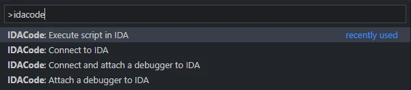 IDACode commands in the Visual Studio Code command palette