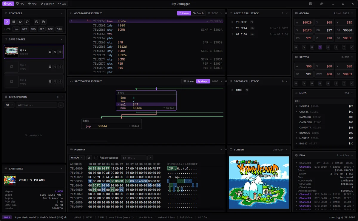 Sly Debugger showing disassembly, memory, and a running SNES game