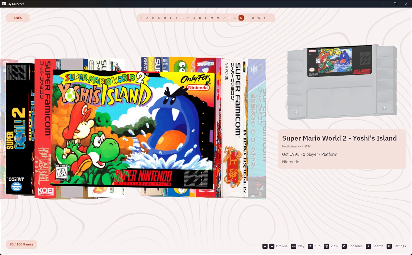 Sly Launcher displaying Yoshi's Island box art and a SNES cartridge in its 3D game library